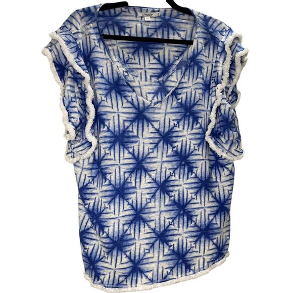 Chicos 4 XXL blue white print ruffle sleeve knit top - Picture 1 of 5